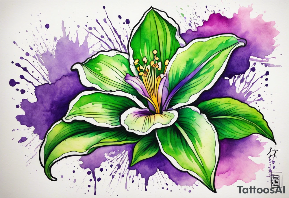 An outline of an only green rio dipladenia flower and a green and purple watercolor splash in the background tattoo idea