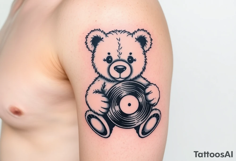 masculine teddy bear holding a vinyl record tattoo idea