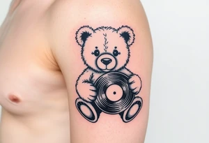 masculine teddy bear holding a vinyl record tattoo idea