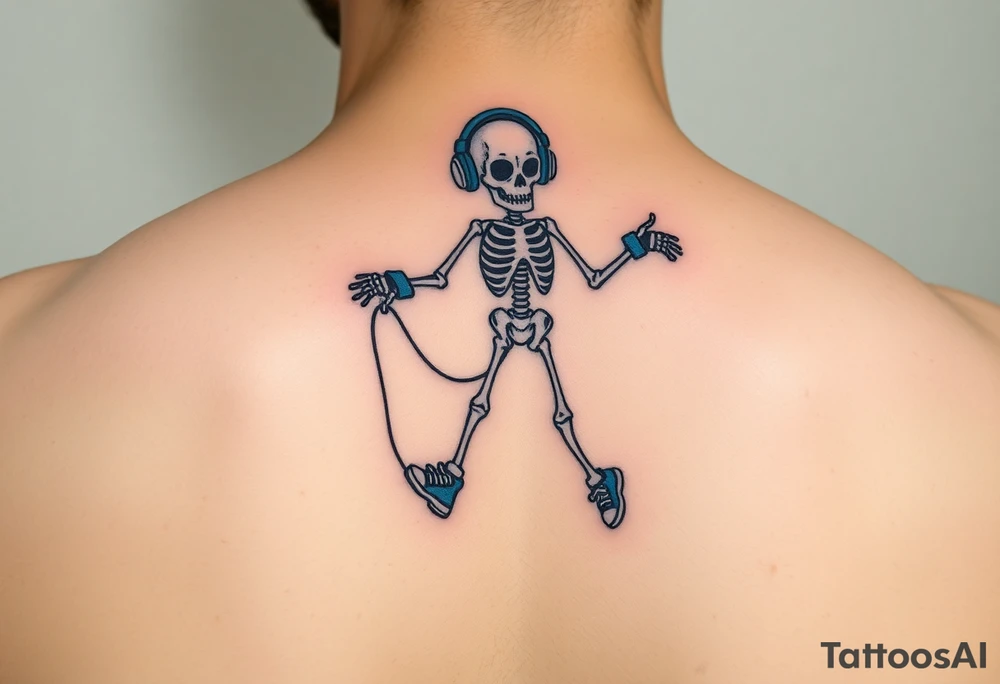 Funny minimalist small skeleton jumping on  jump rope with a blue headphones and blue tennis shoes and blue wrist bands tattoo idea