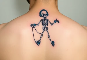 Funny minimalist small skeleton jumping on  jump rope with a blue headphones and blue tennis shoes and blue wrist bands tattoo idea