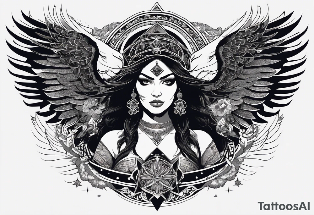 black kali, goddess pirate, alien, angel, pachamama, valkrye, warrior, flying, skull, lotus azul, wing, eagle, zenza resonance, stars, 5D, anahata chakra, death, durga, riding on a tiger, flying lady tattoo idea