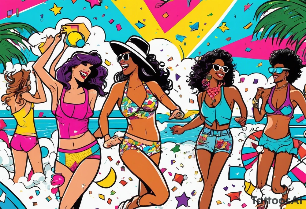 1980's miami vice style beach dance 
party, include confetti, music notes, boom box, bikinis tattoo idea