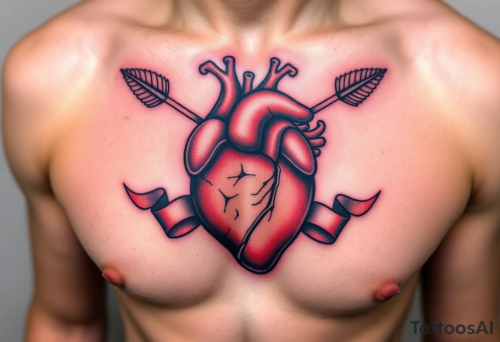 anatomical heart pierced by ornate arrow with flowing ribbons tattoo idea