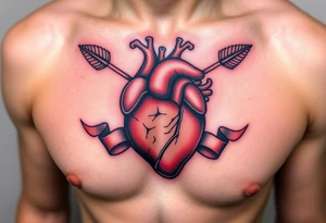 anatomical heart pierced by ornate arrow with flowing ribbons tattoo idea