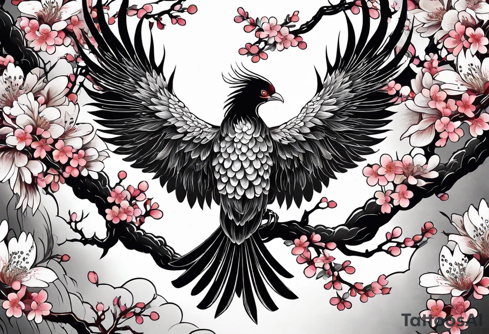 traditional Japanese phoenix and cherry blossoms high detail tattoo idea