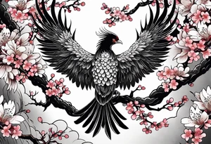 traditional Japanese phoenix and cherry blossoms high detail tattoo idea