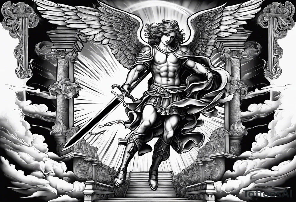 Arm sleeve of St Michael plunging a sword into the devil which is laying on the stairway to heaven. tattoo idea