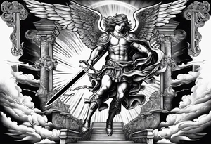Arm sleeve of St Michael plunging a sword into the devil which is laying on the stairway to heaven. tattoo idea