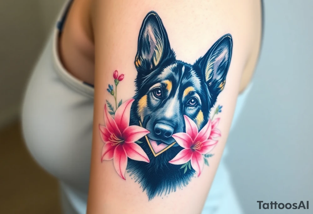 realistic german shepherd looking protective with pink lilies in front of a sacred heart symbol tattoo idea