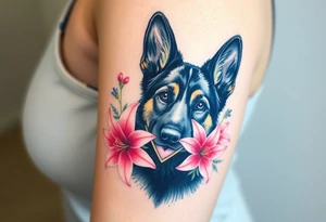 realistic german shepherd looking protective with pink lilies in front of a sacred heart symbol tattoo idea