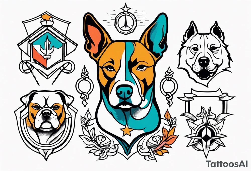 Simple colored tattoo with elements linked to bodybuilding dogs travel and freedom tattoo idea