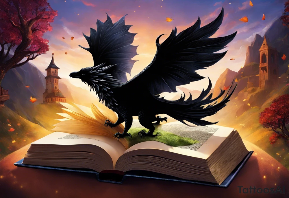an open book with pages that appear to flutter. Above the book, a delicate small dragon silhouette, spirals in the air. To the right, a pawn chess piece stands proudly.  On the left corner of the book, a majestic raven perched, feathers ruffled by an unseen wind. Below, a vibrant cluster of lavender flowers blooms, with a charming bumblebee tattoo idea