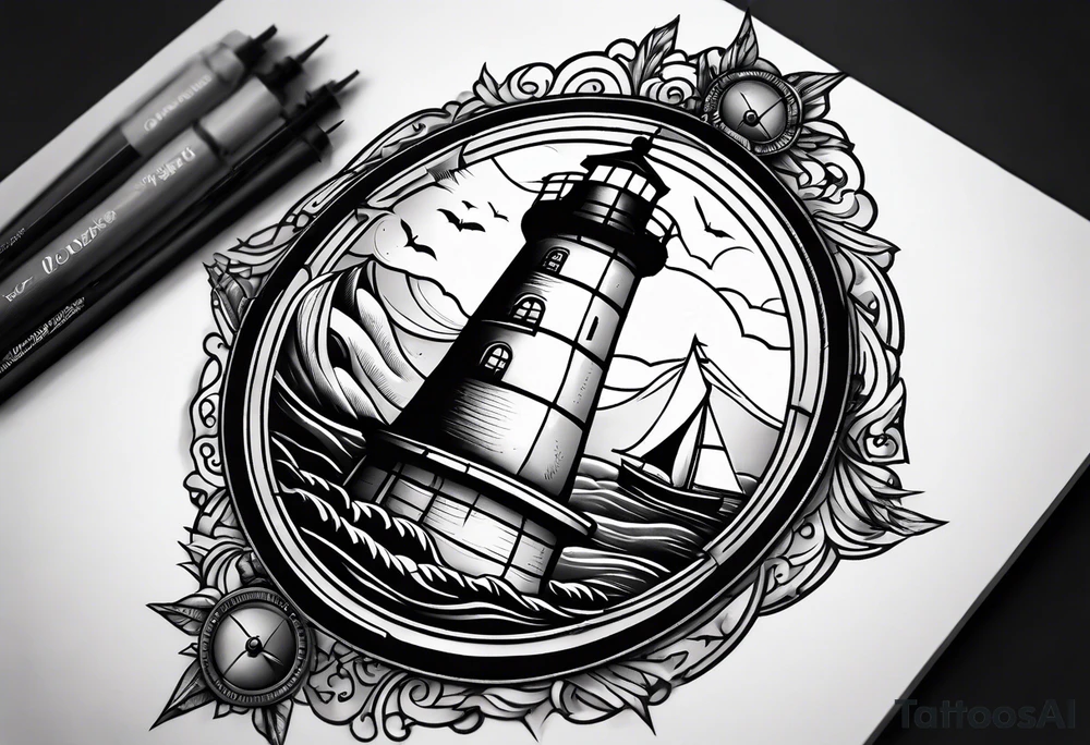 An open book with a lighthouse in the middle and a compass to wrap around forearm tattoo idea