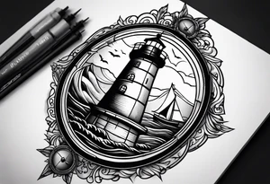 An open book with a lighthouse in the middle and a compass to wrap around forearm tattoo idea