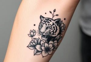 fierce tiger emerging through blooming lotus flowers in mist tattoo idea