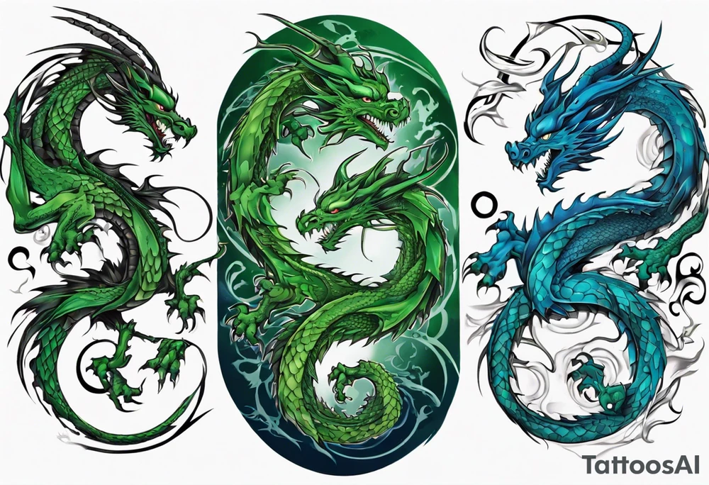 ying yang dragon half blue half green tattoo idea