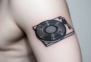 vinyl record player with a smaller disco ball to the side of it tattoo idea