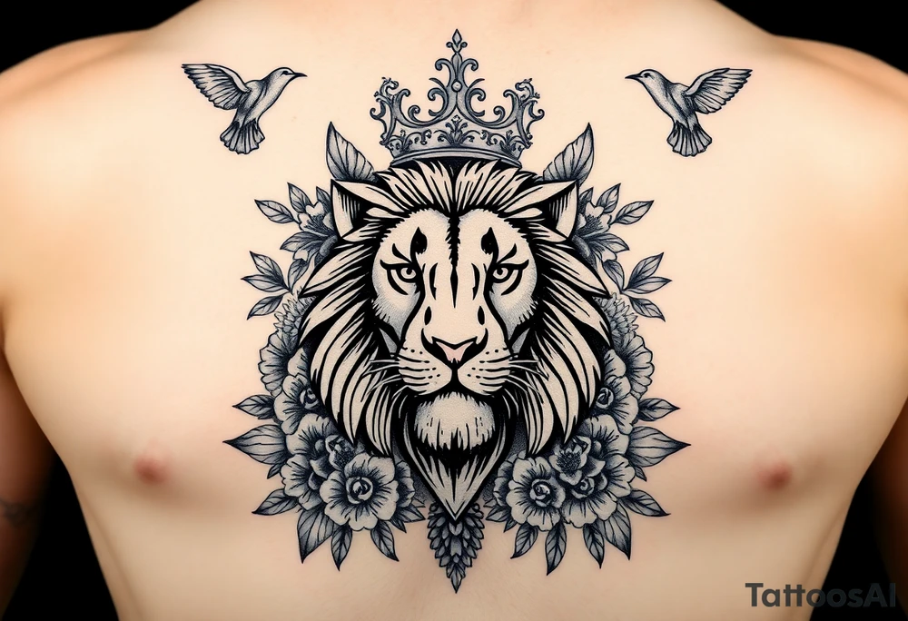 powerful majestic lion with a crown, surrounded by floral ornaments and birds tattoo idea