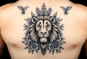 powerful majestic lion with a crown, surrounded by floral ornaments and birds tattoo idea