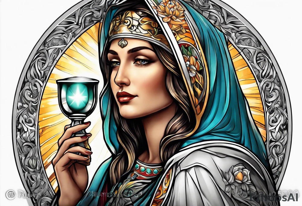 holy saint woman with halo holding a chalice tattoo idea