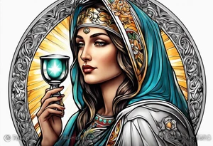holy saint woman with halo holding a chalice tattoo idea