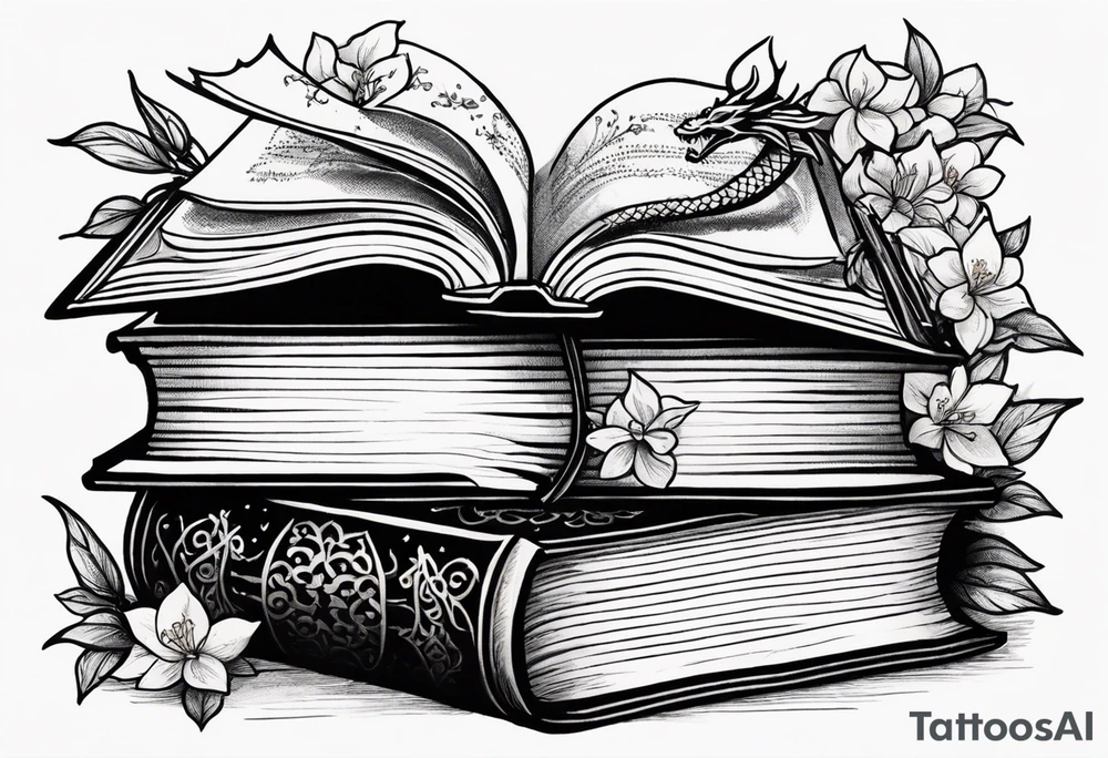 198 / 5.000
Two old books, one on top of the other, above them an open book, from the open book come out jasmine flowers with their leaves, on one side of the books there is a small dragon on the right side. tattoo idea