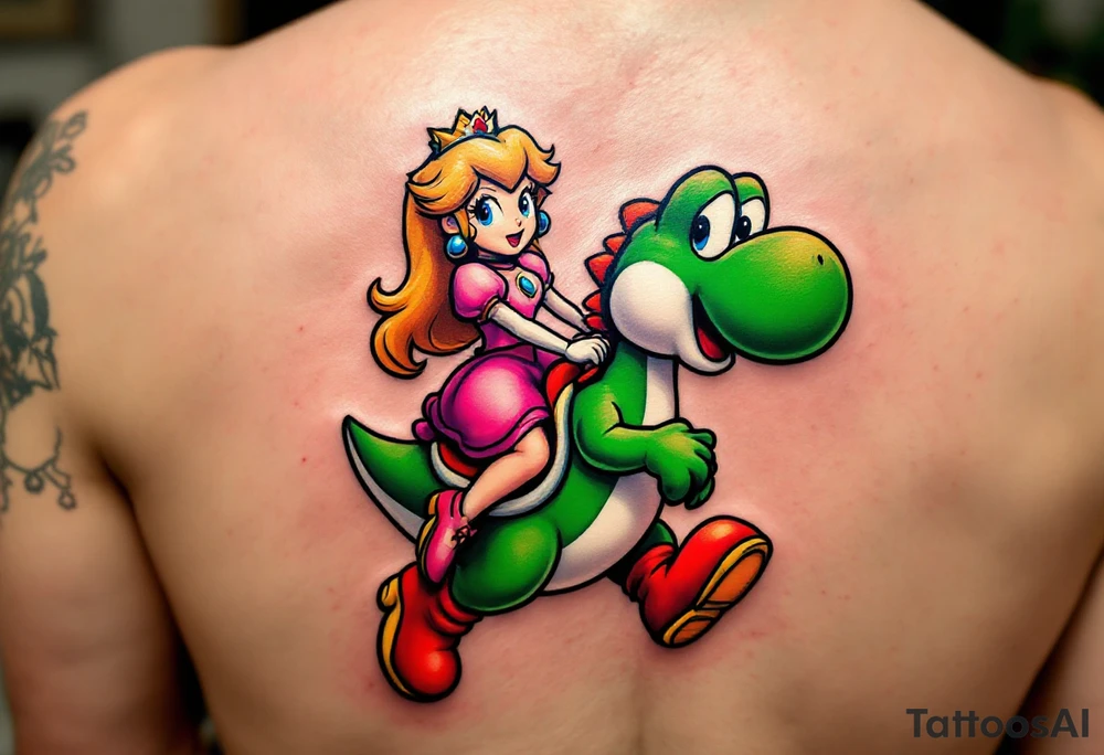 Princess Peach riding Yoshi from Mario Bros with vibrant colors. Make it more like the super Mario bros movie. Her dress should be poofier and covering her legs while he has red saddle with white trim. He should be walking upright. Make him look towards the camera with an open mouth smile tattoo idea
