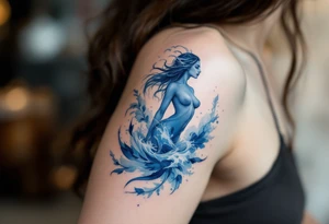 An Aquarius figure, in shades of ice blue and transparent silver emerging from sae wave. tattoo idea