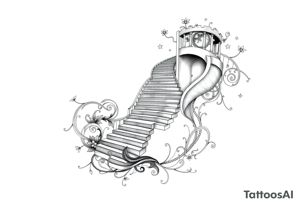 Black and grey sleeve of a labrynth of stairs tattoo idea