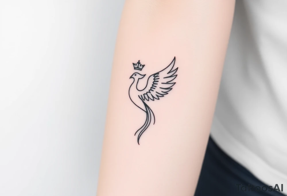 Minimal phoenix and crown fine lines tattoo idea