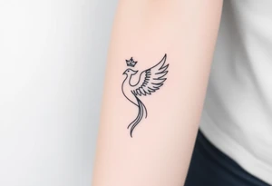 Minimal phoenix and crown fine lines tattoo idea