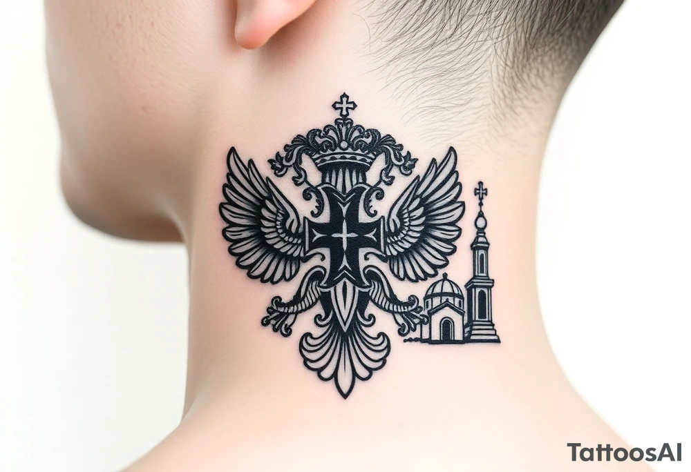 russian coat arms in a russian christian orthodox cross with the cross in the middle with a virgin mary & orthodox dome church on the side of the neck tattoo idea