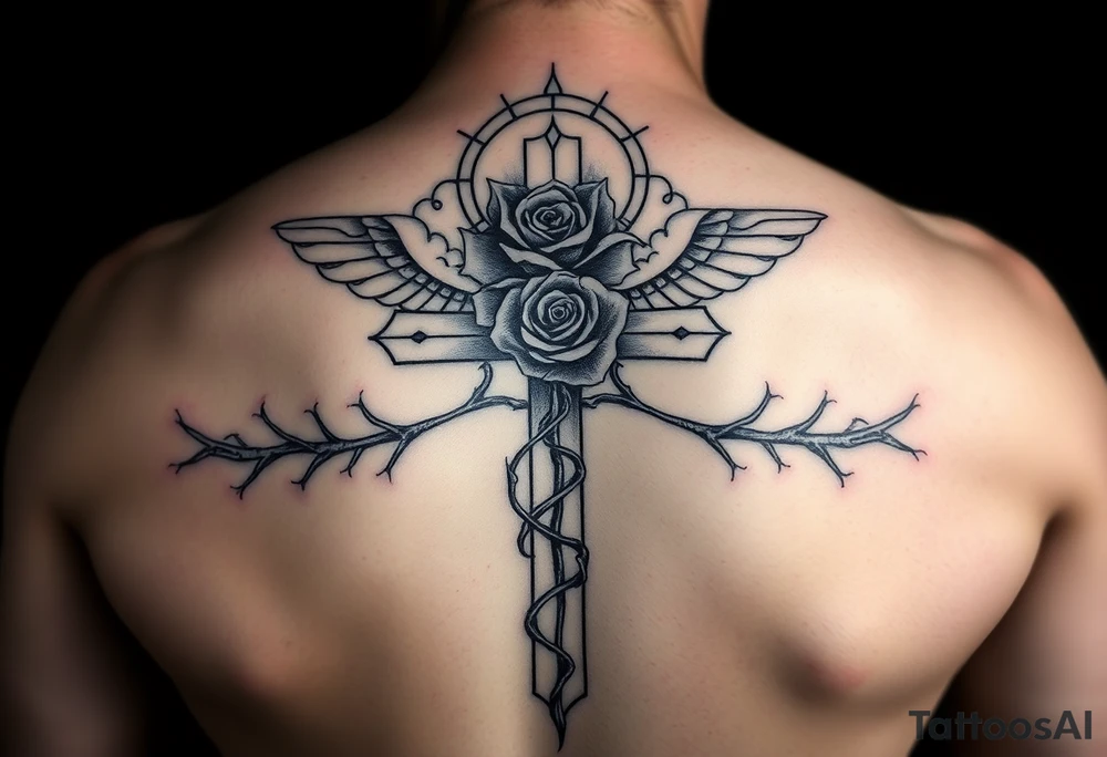 A very detailed cross with thorns vines from a rose with a halo above it and clouds around it and possibly wings on the sides or no wings in the sides but is a very detailed tattoo tattoo idea