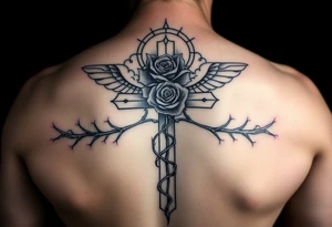 A very detailed cross with thorns vines from a rose with a halo above it and clouds around it and possibly wings on the sides or no wings in the sides but is a very detailed tattoo tattoo idea