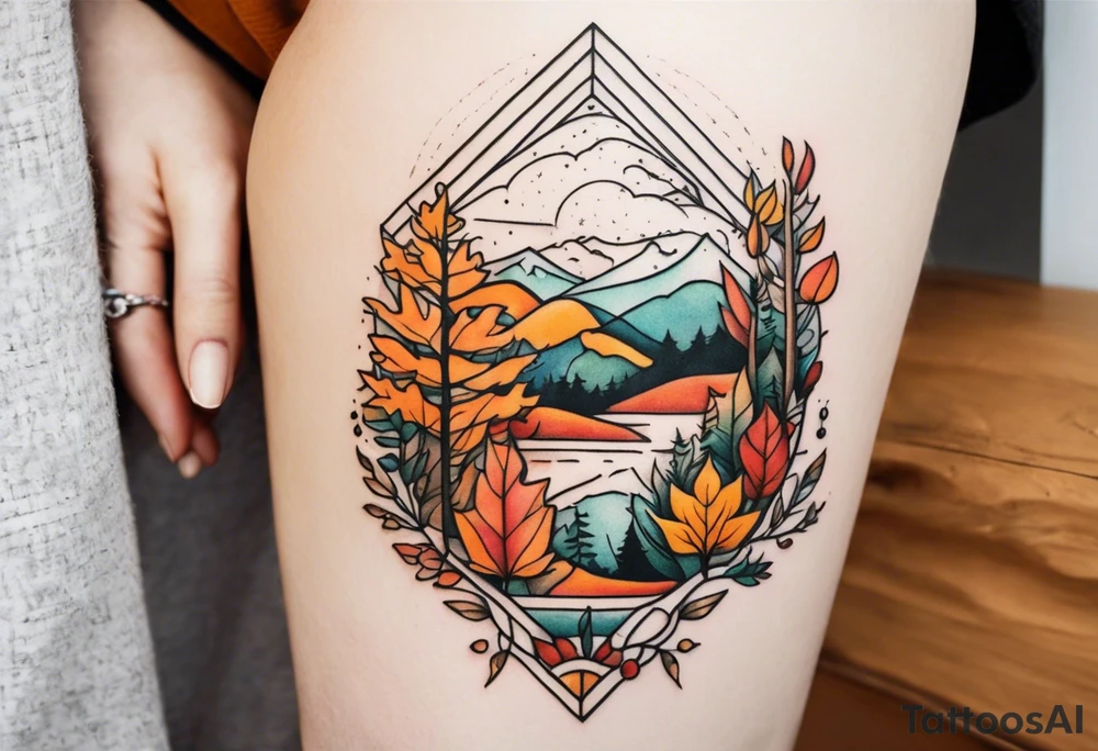 thigh tattoo with fall colors and nature theme tattoo idea