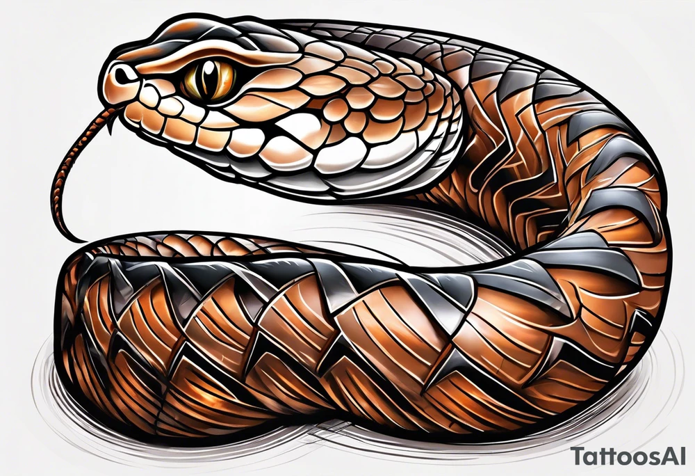 Copperhead coiled up with head turned up and mouth open and copper colored eyes tattoo idea