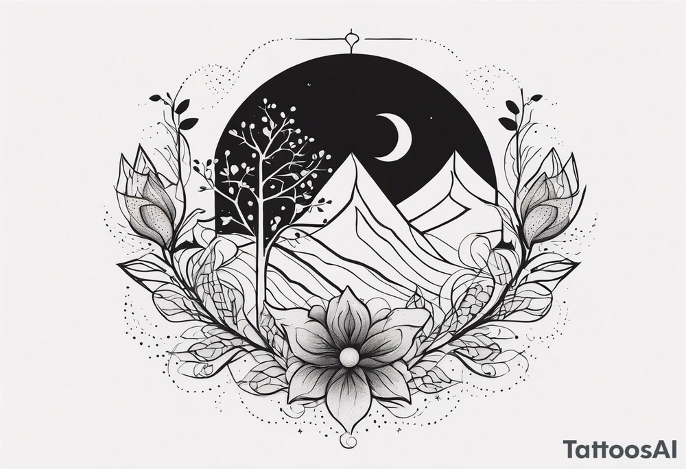 A minimalist tattoo design featuring a vertical composition. At the center is a large, abstract flower with intricate dotted shading and clean lines. A delicate tree with bare branches grows from the top of the flower, while flowing leaves emerge from the bottom. Surrounding the flower are abstract elements like small geometric shapes, mountains in the background, a few birds, and a crescent moon, all positioned in a visually balanced way. There’s a circular solar element near the flower, with rays extending outward. The entire design is made up of fine lines, dot work, and subtle shading, creating a harmonious mix of nature and geometric abstraction. It’s a detailed sketch with organic flow, precision, and a blend of cosmic and natural motifs. Make the tattoo vertically aligned, skinnier width and longer width tattoo idea