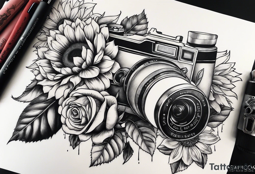sunflower, camera, flower rose , book tattoo idea