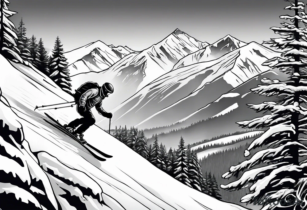 snow skier coming off cliff with trees and mountains tattoo idea