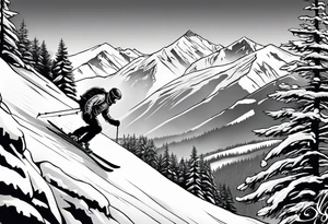 snow skier coming off cliff with trees and mountains tattoo idea