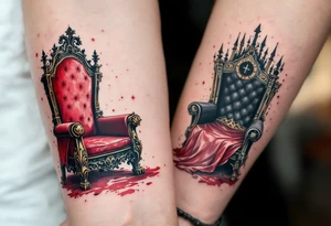A red velvet throne for the queen and a black leather throne for the king, drawn in rich detail. tattoo idea