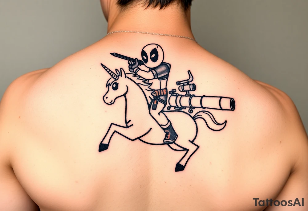 Deadpool riding unicorn pointing rocket propelled grenade launcher tattoo idea