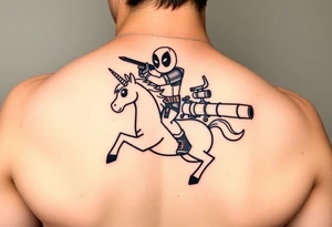 Deadpool riding unicorn pointing rocket propelled grenade launcher tattoo idea