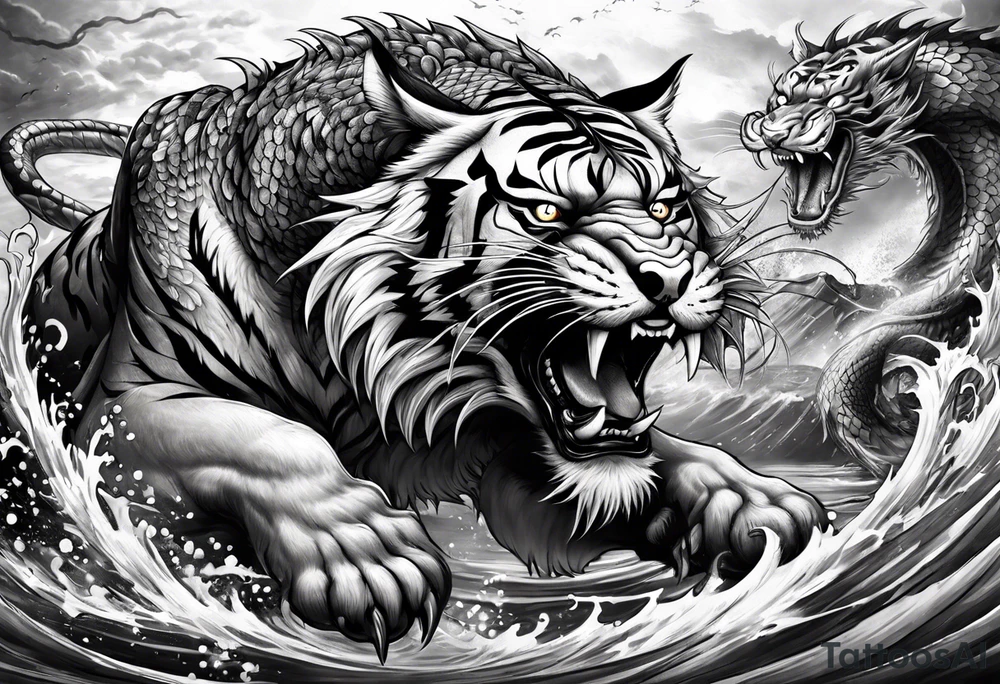 Tiger fighting a water dragon tattoo idea