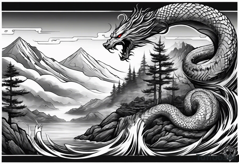 Full arm sleeve, tree going up to shoulder dead tree going down to wrist, wrapped in a serpent moving down with mountain, water, and demonic elements tattoo idea