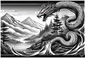Full arm sleeve, tree going up to shoulder dead tree going down to wrist, wrapped in a serpent moving down with mountain, water, and demonic elements tattoo idea