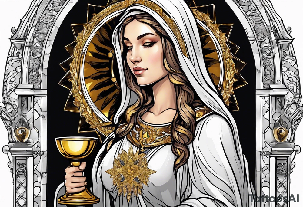woman saint holding chalice surrounded by golden halo sideways tattoo idea