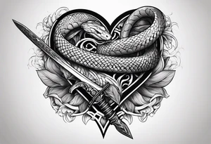 half sleeve tattoo with a snake wrapped around a sword and a heart tattoo idea
