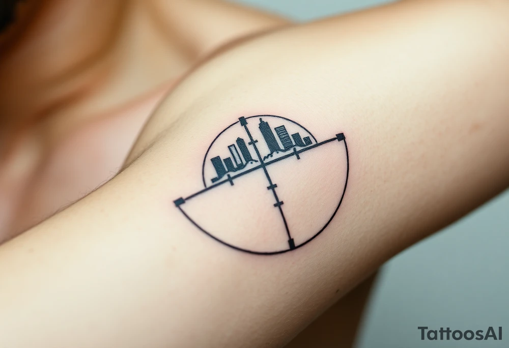 scope crosshairs with eerie la city horizon in background tattoo idea